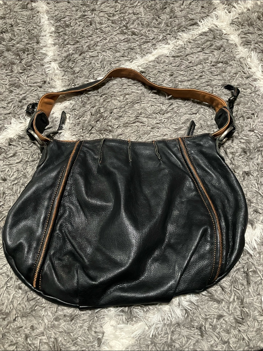 Black Leather Shoulder Bag with Contrast Tan Trim